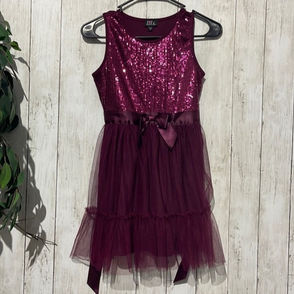 Lilt Size 10 Sequin Tulle‎ Party Dress Girls Burgundy Maroon Sleeveless Bow Sash
